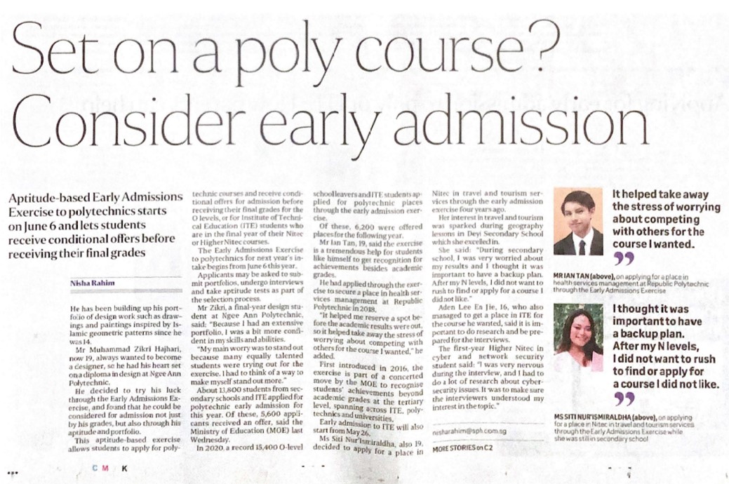 “Set on a poly course? Consider early admission” – The Straits Times, 9th May 2022